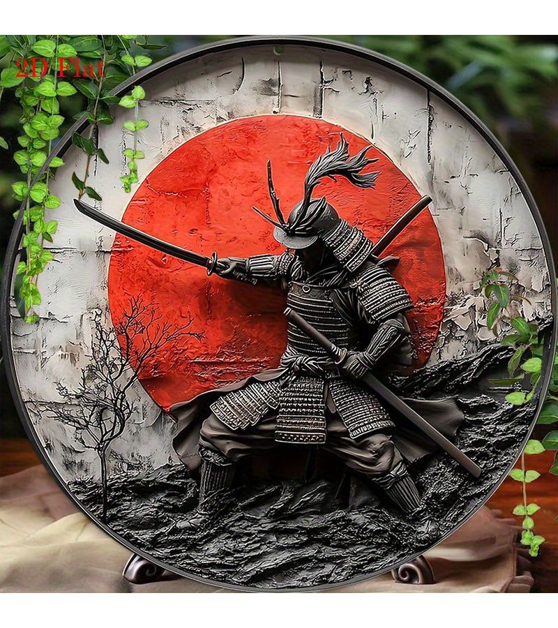 Japanese Samurai Wall Art 8x8 Inch Round Frameless Vintage Red Poppy - Image 1