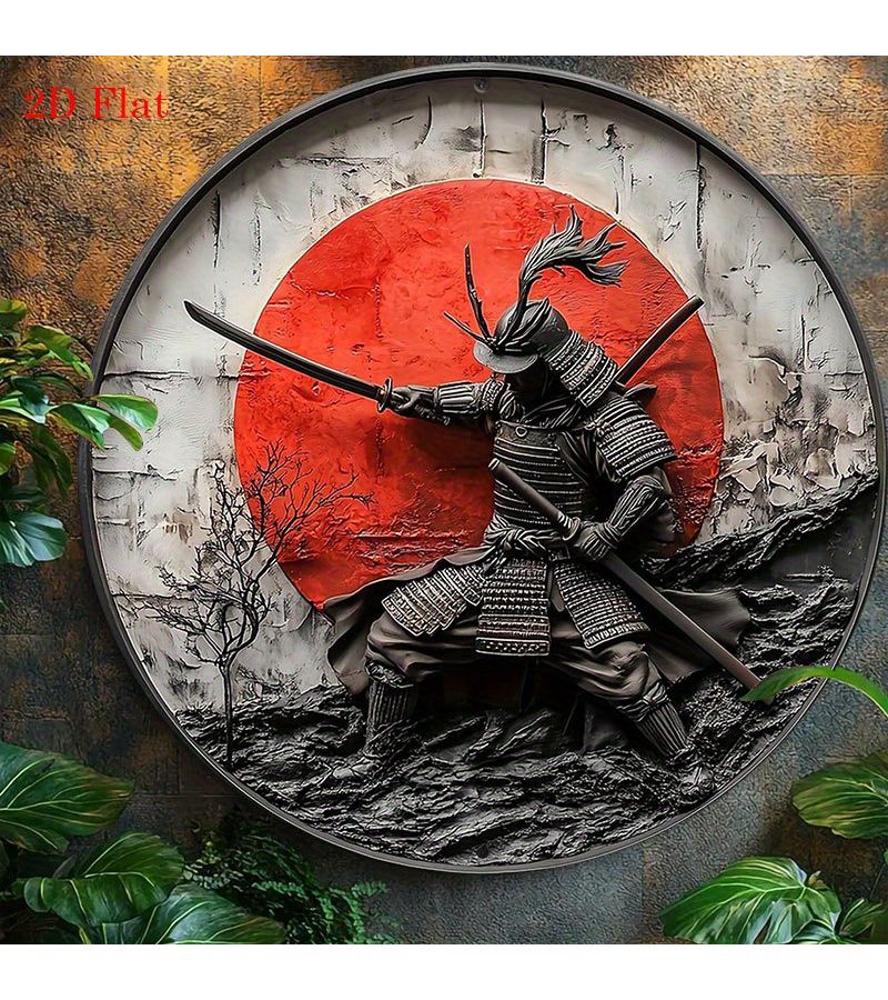 Japanese Samurai Wall Art 8x8 Inch Round Frameless Vintage Red Poppy - Image 4