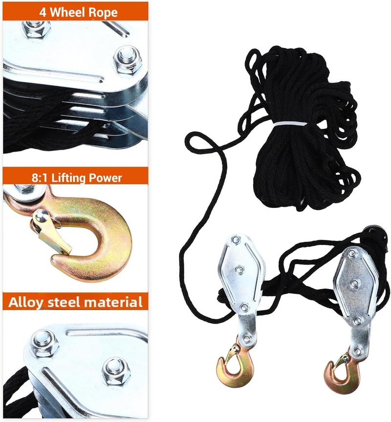 نظام بكرات رفع بحبل من زوناتيه (Zunate Rope Hoist Pulley System)، بأربع عجلات وسعة رفع تبلغ 2200 رطل، مزود بحبل فولاذي بطول 20 متر، ونسبة رفع تبلغ 8:1، مثالي لإدارة الأحمال الثقيلة في الجراجات والمستودعات وعمليات التركيب. - Image 5