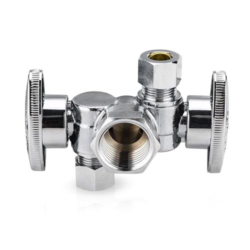 EFIELD 1/4 Turn Dual Compression Outlet Angle Stop Valve with 2 Shut Off Valve/Handles, 1/2" Fip Iron Pipe Inlet X (3/8 inch x 3/8 inch),Chrome Plated,(VALVE140) - Image 1