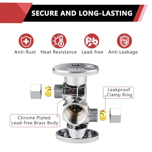 EFIELD 1/4 Turn Dual Compression Outlet Angle Stop Valve with 2 Shut Off Valve/Handles, 1/2" Fip Iron Pipe Inlet X (3/8 inch x 3/8 inch),Chrome Plated,(VALVE140) - Image 5