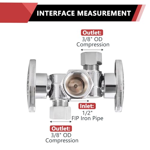 EFIELD 1/4 Turn Dual Compression Outlet Angle Stop Valve with 2 Shut Off Valve/Handles, 1/2" Fip Iron Pipe Inlet X (3/8 inch x 3/8 inch),Chrome Plated,(VALVE140) - Image 2