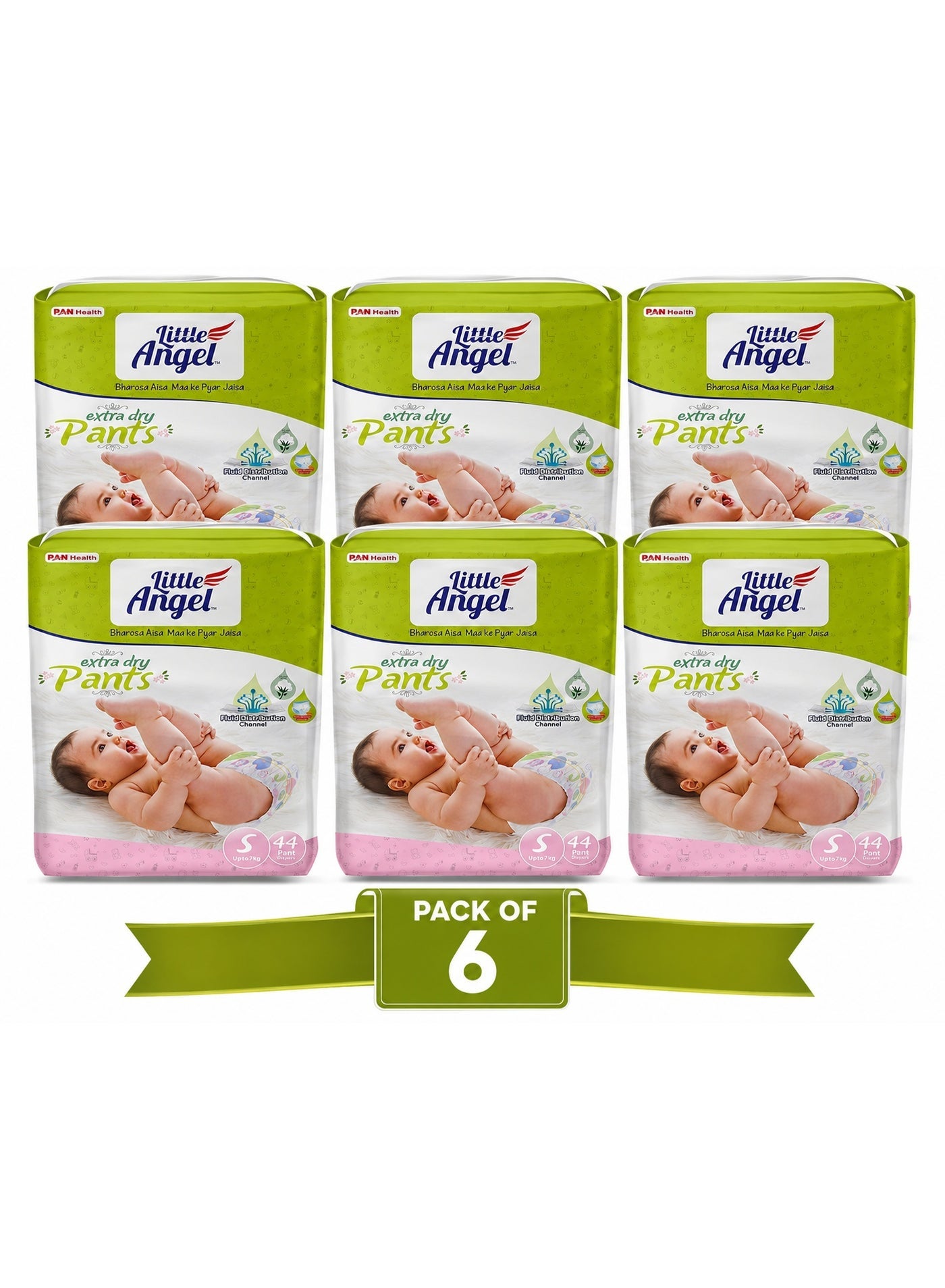 Little Angel Extra Dry Baby Pants Diaper, Small (S) Size,264 Count, Super Absorbent Core Up to 12 Hrs Protection & Wetness Indicator, Upto 7kg (44 count/pack, Pack of 6)