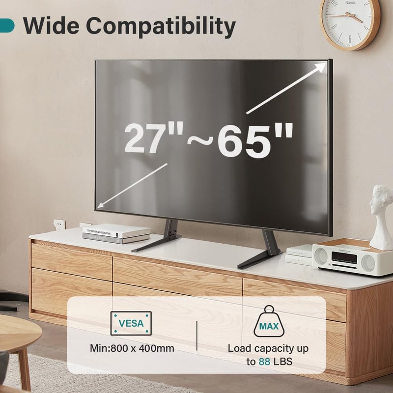 BFTOU Black Universal TV Stand Tabletop for 27 to 65 inch LCD Flat Screen TV,Max VESA 800 x 400mm, Height Adjustable TV Base Holds up to 88lbs - Image 2