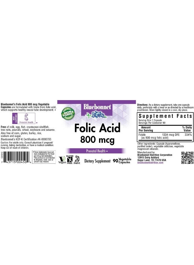 BlueBonnet Nutrition Folic Acid 800mcg, Healthy Neurological Development*, Soy-Free, Gluten-Free, Non-GMO, Kosher Certified, Dairy-Free, Vegan, 90 Vegetable Capsules - Image 2