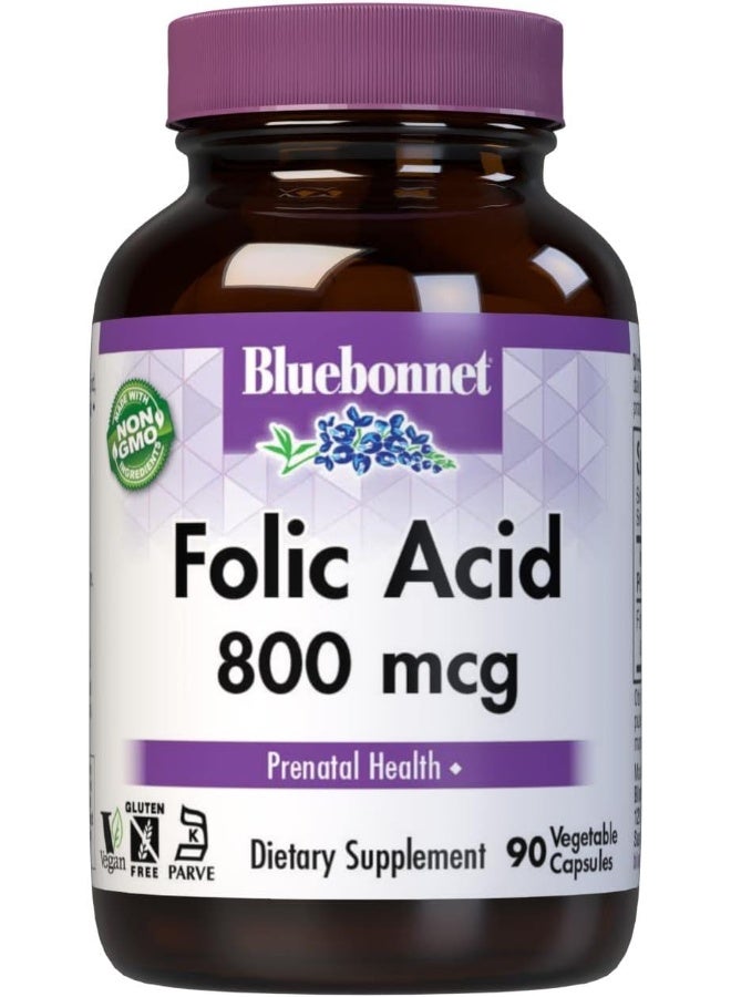 BlueBonnet Nutrition Folic Acid 800mcg, Healthy Neurological Development*, Soy-Free, Gluten-Free, Non-GMO, Kosher Certified, Dairy-Free, Vegan, 90 Vegetable Capsules - Image 1