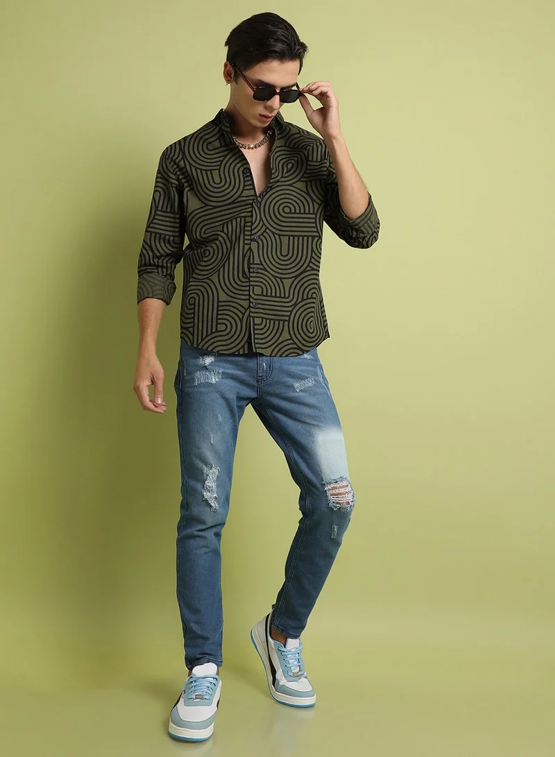 Campus Sutra Campus Sutra Men's Olive Green Parallel Swirl Shirt For Everyday Wear | Spread Collar |  Button Closure | Long Sleeve | Cotton Shirt Crafted With Comfort Fit For Everyday Wear