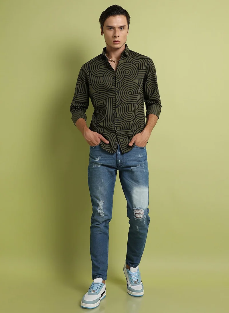 Campus Sutra Campus Sutra Men's Olive Green Parallel Swirl Shirt For Everyday Wear | Spread Collar |  Button Closure | Long Sleeve | Cotton Shirt Crafted With Comfort Fit For Everyday Wear