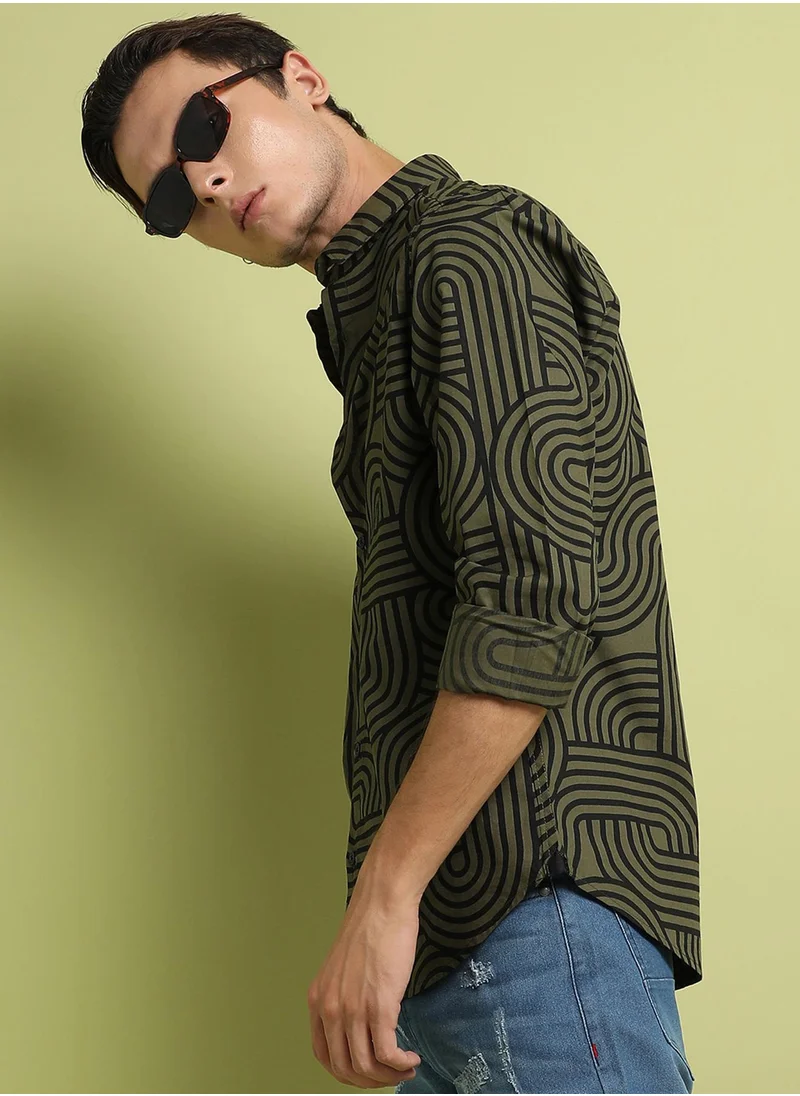 Campus Sutra Campus Sutra Men's Olive Green Parallel Swirl Shirt For Everyday Wear | Spread Collar |  Button Closure | Long Sleeve | Cotton Shirt Crafted With Comfort Fit For Everyday Wear
