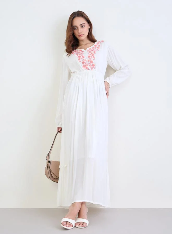 Styli Styli Women White Embroidered Long Sleeves A-Line Maxi Dress