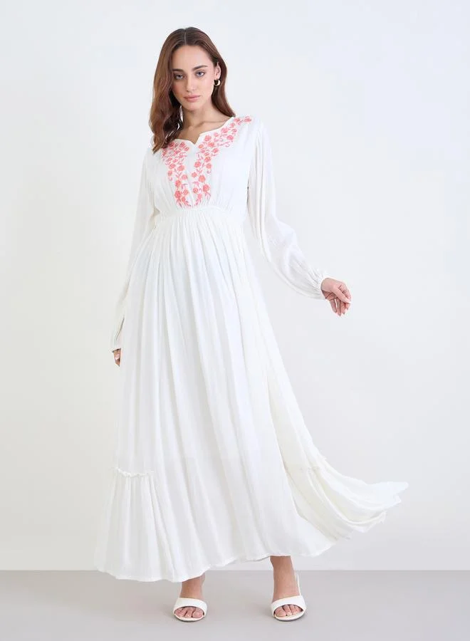 Styli Styli Women White Embroidered Long Sleeves A-Line Maxi Dress