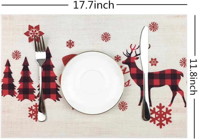 WAZAIGUR Place Mats for KitchenDinner TableChristmas PlacematsReindeer Snowflake Christmas Trees Washable Easy to Clean HeatResistant Non Slip PVC Woven Vinyl Placemats Set of 6Red and White - Image 2