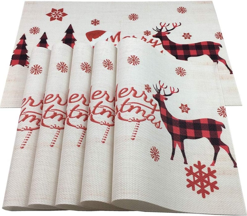 WAZAIGUR Place Mats for KitchenDinner TableChristmas PlacematsReindeer Snowflake Christmas Trees Washable Easy to Clean HeatResistant Non Slip PVC Woven Vinyl Placemats Set of 6Red and White - Image 3