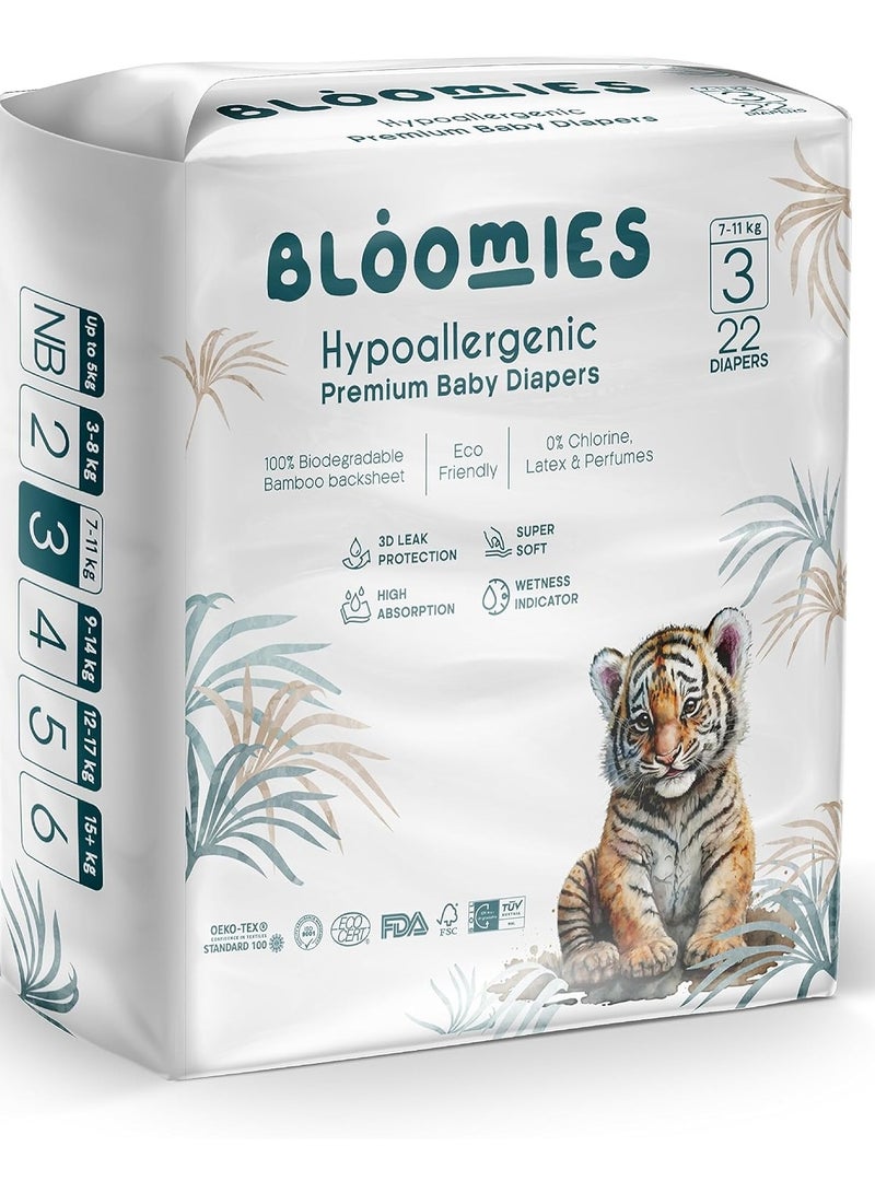 Bebem Bloomies Premium Baby Diapers Size 3, 7-11 kg, 22 Count, Wetness Indicator Eco-friendly and Hypoallergenic Ultra-soft Nappy Diaper Skin Friendly, Leakage Protection,100% Organic Natural Bamboo Made