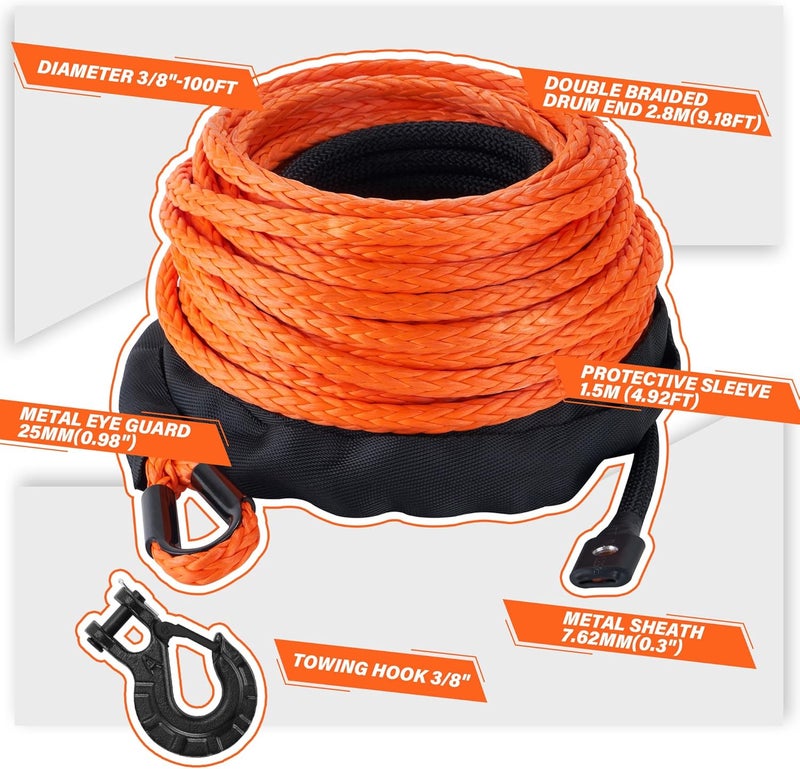 TYT 3/8" x 100 ft. Synthetic Winch Rope - 25000lbs Dyneema Winch Cable Line with Hook and Sleeve Protection for Off-Road Vehicles - Image 3