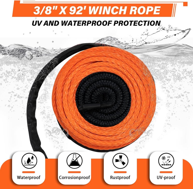 TYT 3/8" x 100 ft. Synthetic Winch Rope - 25000lbs Dyneema Winch Cable Line with Hook and Sleeve Protection for Off-Road Vehicles - Image 2