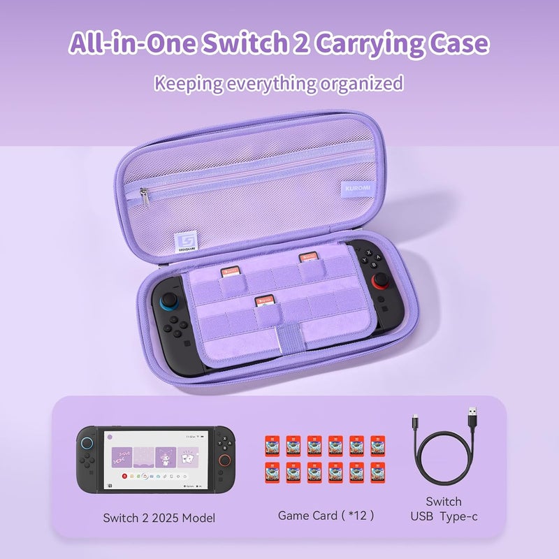 Kuitmor Carrying Case Compatible with Switch 2 (2025) 7.9 Inch, Hard-Shell Slim Travel Case with 12 Game Card Slots for Switch 2 Console and Accessories, Candy Party (Purple) - Image 2