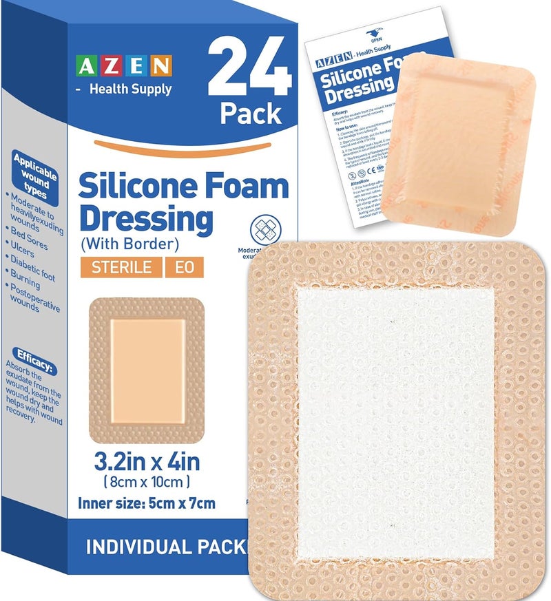 AZEN أزين 24 عبوة ضمادات سيليكون فوم 32 × 4 ضمادات سيليكون مقاومة للماء مع لاصق حدودي ضمادات كبيرة للجروح ذاتية اللصق للعناية بالجروح والضمادات - Image 1