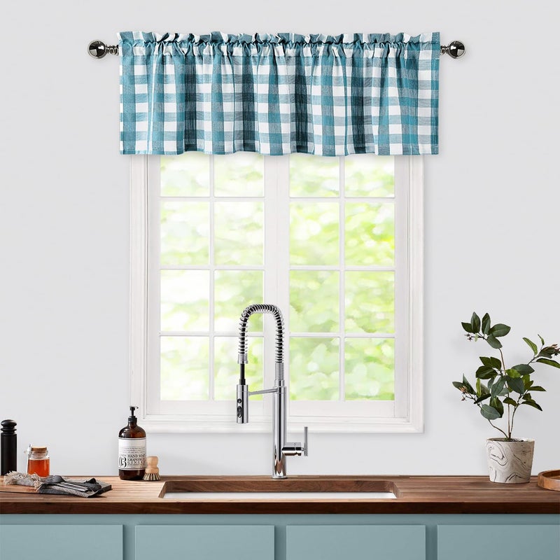 Bapawfish Teal Dark Blue Buffalo Check Valance Curtains For Kitchen  Plaid Gingham Farmhouse Thick Yarn Dyed Fabric Rod Pocket Valance Curtains For Windows Kitchen Cafe Curtains  Teal/White  55"" X 15"" - Image 1