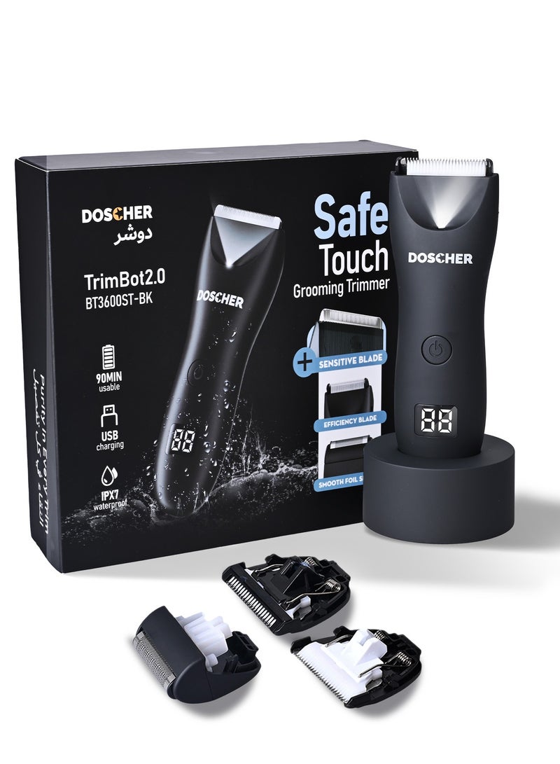 DOSCHER Three-Head Body Hair Trimmer for Men, Skin Safe Foil Razor, Waterproof Wet/Dry Electric Groomer with LED Display, No-Nick Shaver Kit, USB Rechargeable with Charging Dock, Guide Comb & Travel Lock - Image 1
