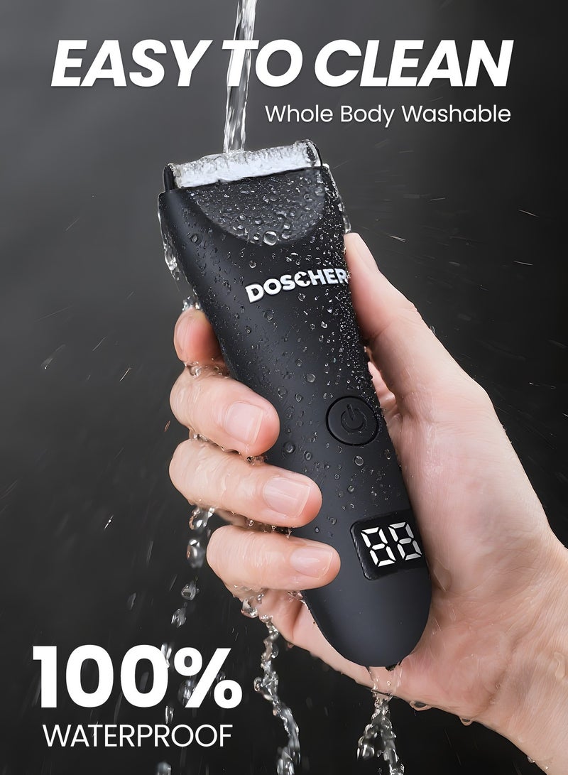 DOSCHER Three-Head Body Hair Trimmer for Men, Skin Safe Foil Razor, Waterproof Wet/Dry Electric Groomer with LED Display, No-Nick Shaver Kit, USB Rechargeable with Charging Dock, Guide Comb & Travel Lock - Image 4