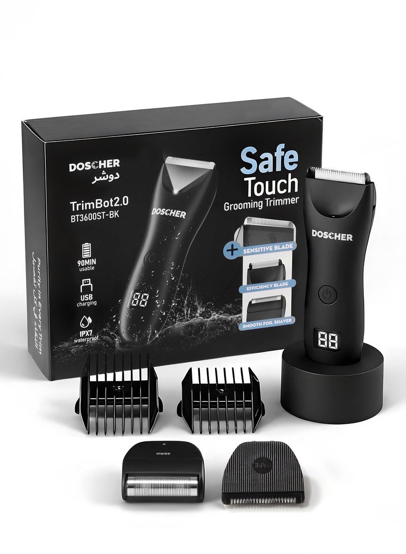 DOSCHER Three-Head Body Hair Trimmer for Men, Skin Safe Foil Razor, Waterproof Wet/Dry Electric Groomer with LED Display, No-Nick Shaver Kit, USB Rechargeable with Charging Dock, Guide Comb & Travel Lock - Image 1