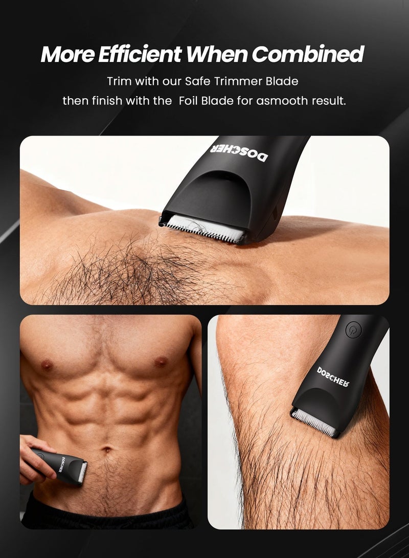 DOSCHER Three-Head Body Hair Trimmer for Men, Skin Safe Foil Razor, Waterproof Wet/Dry Electric Groomer with LED Display, No-Nick Shaver Kit, USB Rechargeable with Charging Dock, Guide Comb & Travel Lock - Image 3