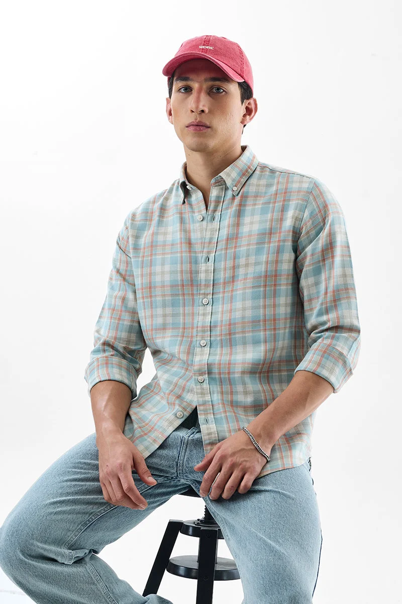 سنيتش Light Blue Checkered Long Sleeve Slim Fit Shirt