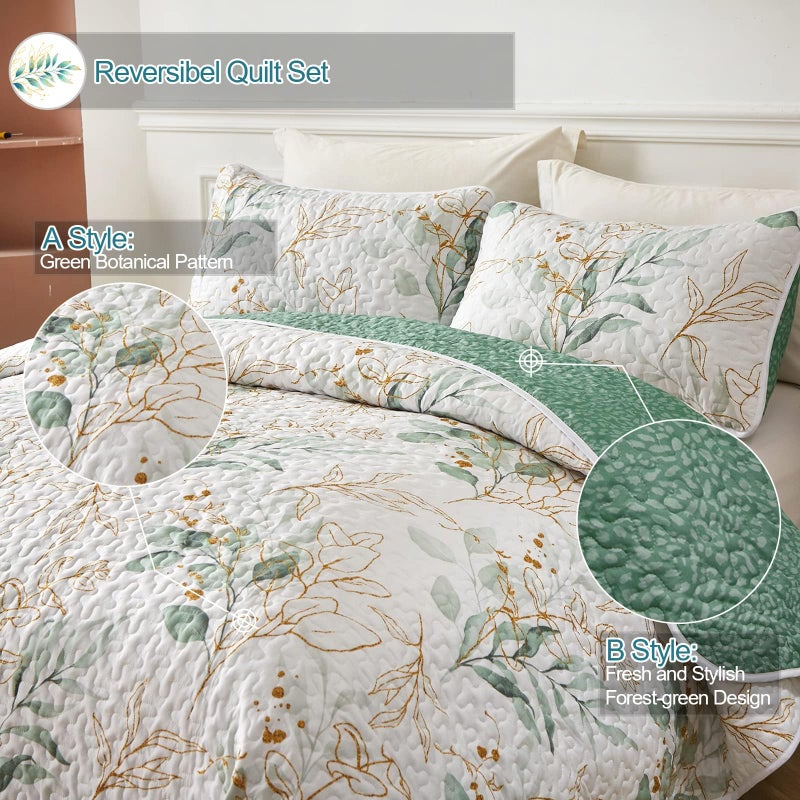 Anibedding Floral Botanical Full Size Green Quilt Set, 3 Pieces, Reversible Soft All-Season Bedding (90"x78") - Image 2