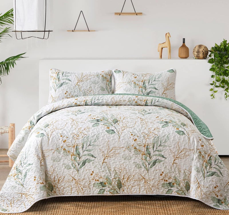 Anibedding Floral Botanical Full Size Green Quilt Set, 3 Pieces, Reversible Soft All-Season Bedding (90"x78") - Image 1