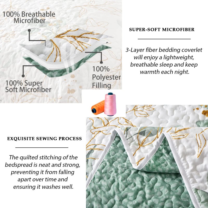 Anibedding Floral Botanical Full Size Green Quilt Set, 3 Pieces, Reversible Soft All-Season Bedding (90"x78") - Image 3