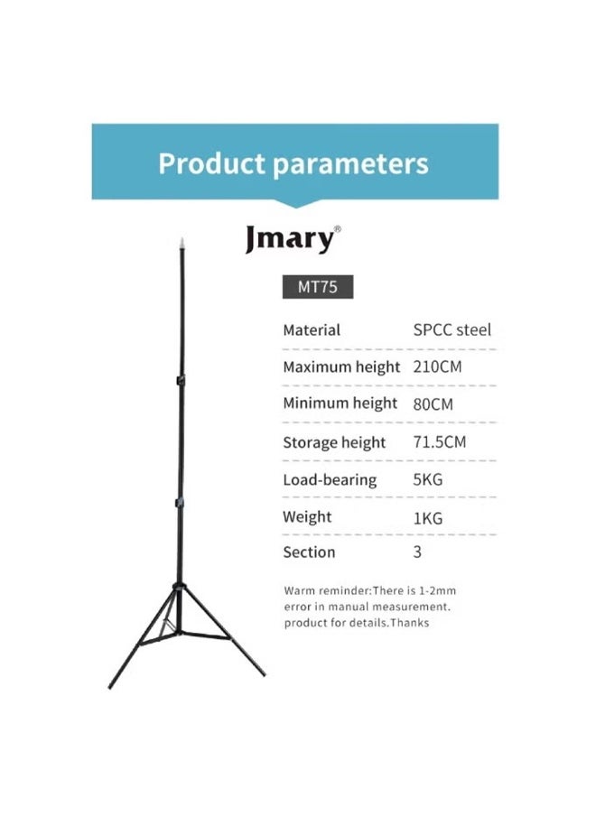 Professional Light Stand for Digital Cameras MT-75 , Durable and Adjustable Stand with Flexible Height , Lightweight Aluminum Construction for Heavy Duty Use , Ideal for Mounting Lights, Flashes, and Accessories in Indoor and Outdoor Shootings , Foldable Design for Easy Storage and Transport, Suitable for Studios and On the Go Photographers