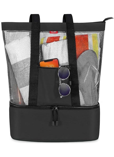 Aiwanto 2 in 1 Travel Bag Picnic Bag Mesh Beach Tote Bag Ladies Bag Beach Bag With Zipper Top And Insulated Picnic Cooler Bag For Travel Swimming Camping(Black)