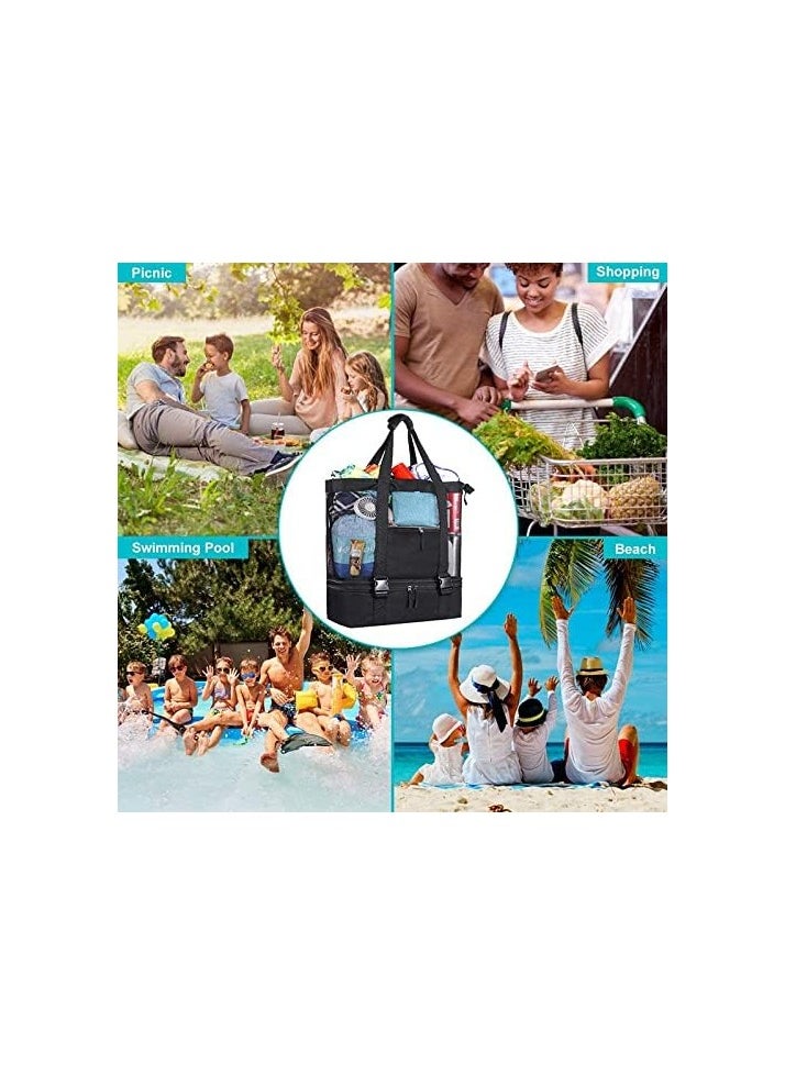 AIWANTO - Aiwanto 2 in 1 Travel Bag Picnic Bag Mesh Beach Tote Bag Ladies Bag Beach Bag With Zipper Top And Insulated Picnic Cooler Bag For Travel Swimming Camping(Black) - Image 1