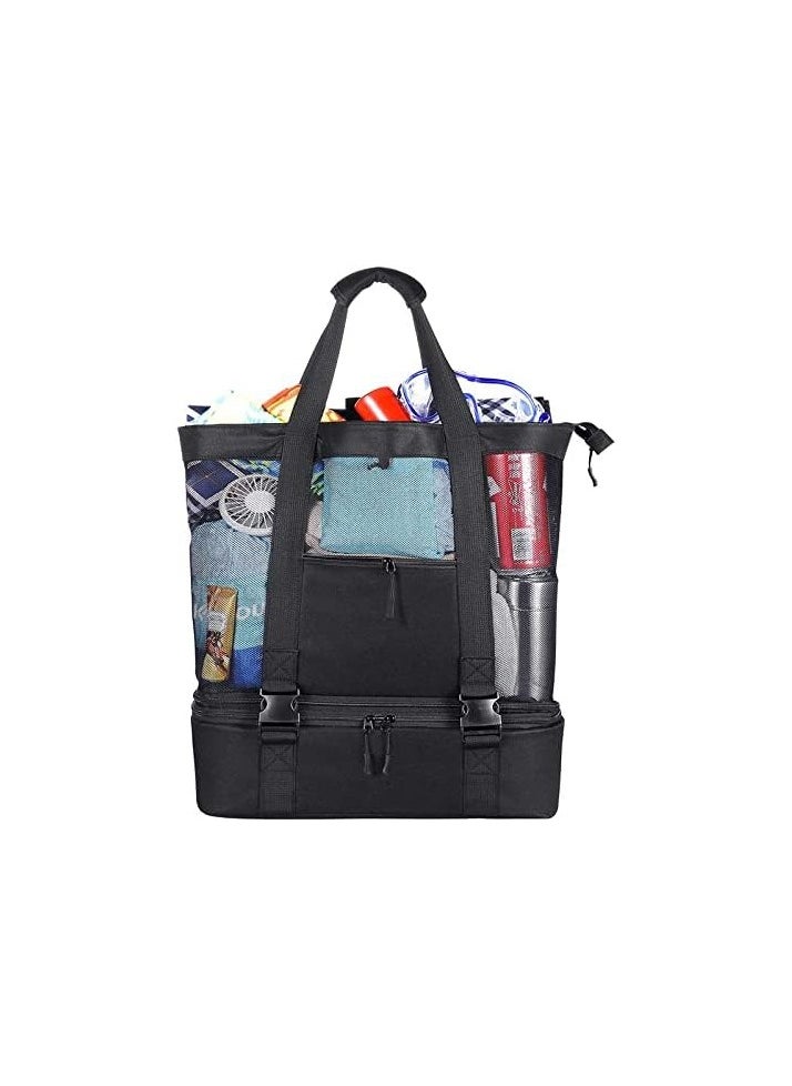 AIWANTO - Aiwanto 2 in 1 Travel Bag Picnic Bag Mesh Beach Tote Bag Ladies Bag Beach Bag With Zipper Top And Insulated Picnic Cooler Bag For Travel Swimming Camping(Black) - Image 1