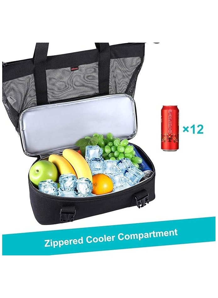 AIWANTO - Aiwanto 2 in 1 Travel Bag Picnic Bag Mesh Beach Tote Bag Ladies Bag Beach Bag With Zipper Top And Insulated Picnic Cooler Bag For Travel Swimming Camping(Black) - Image 1