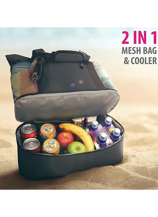AIWANTO - Aiwanto 2 in 1 Travel Bag Picnic Bag Mesh Beach Tote Bag Ladies Bag Beach Bag With Zipper Top And Insulated Picnic Cooler Bag For Travel Swimming Camping(Black) - Image 1