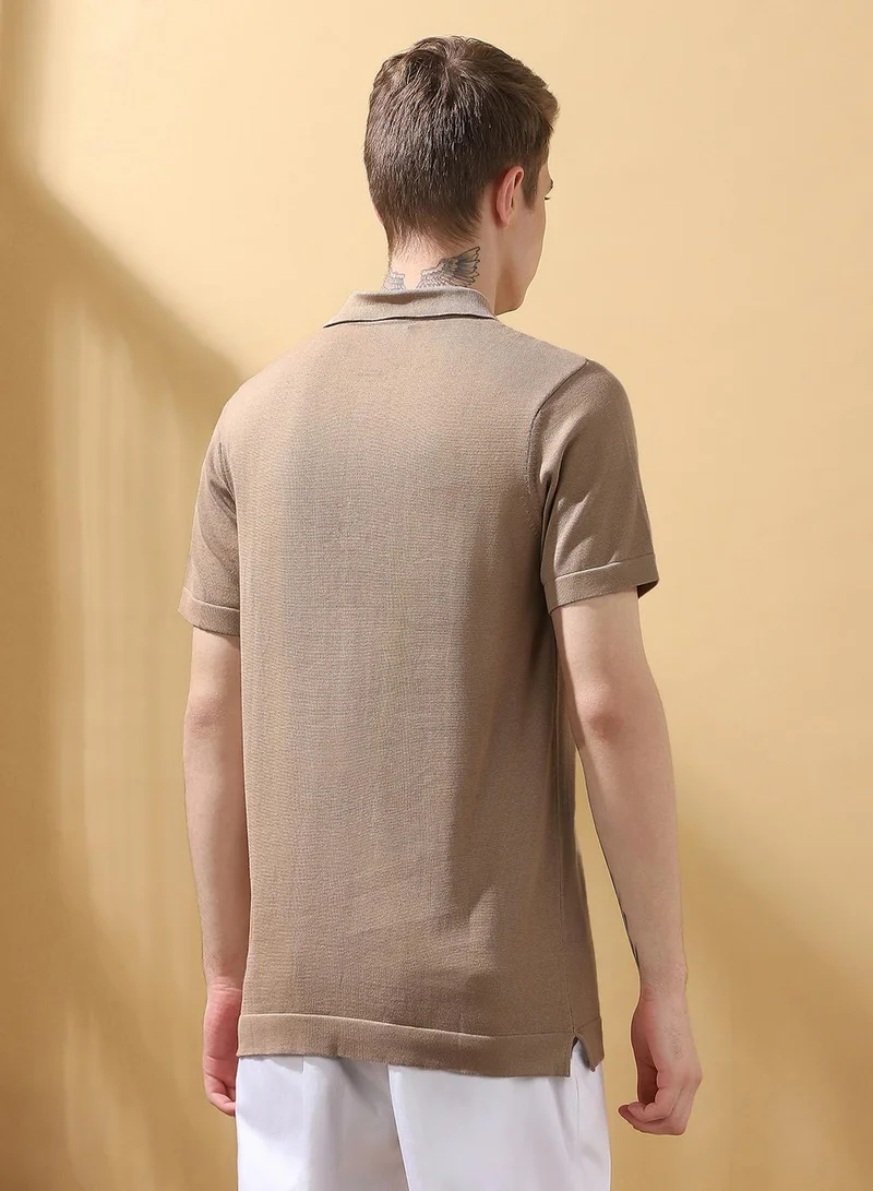 Dennis Lingo Men's Beige 100% Cotton Textured Regular Fit T-Shirt