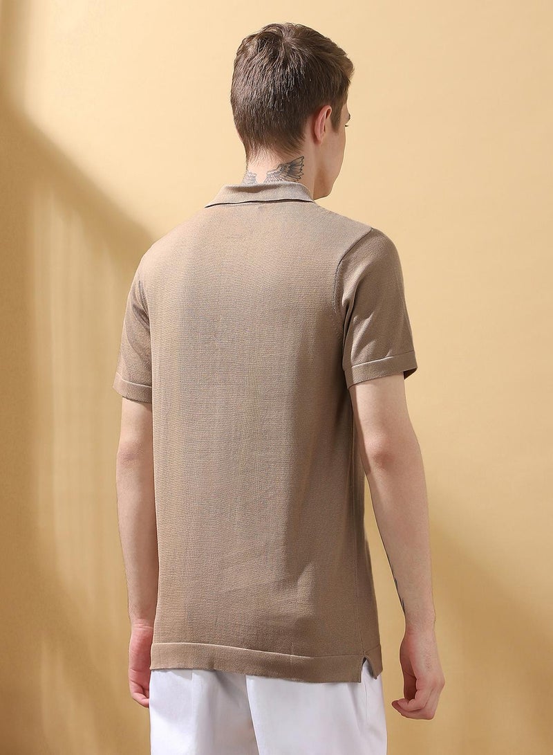 Dennis Lingo Men's Beige 100% Cotton Textured Regular Fit T-Shirt  - Image 3