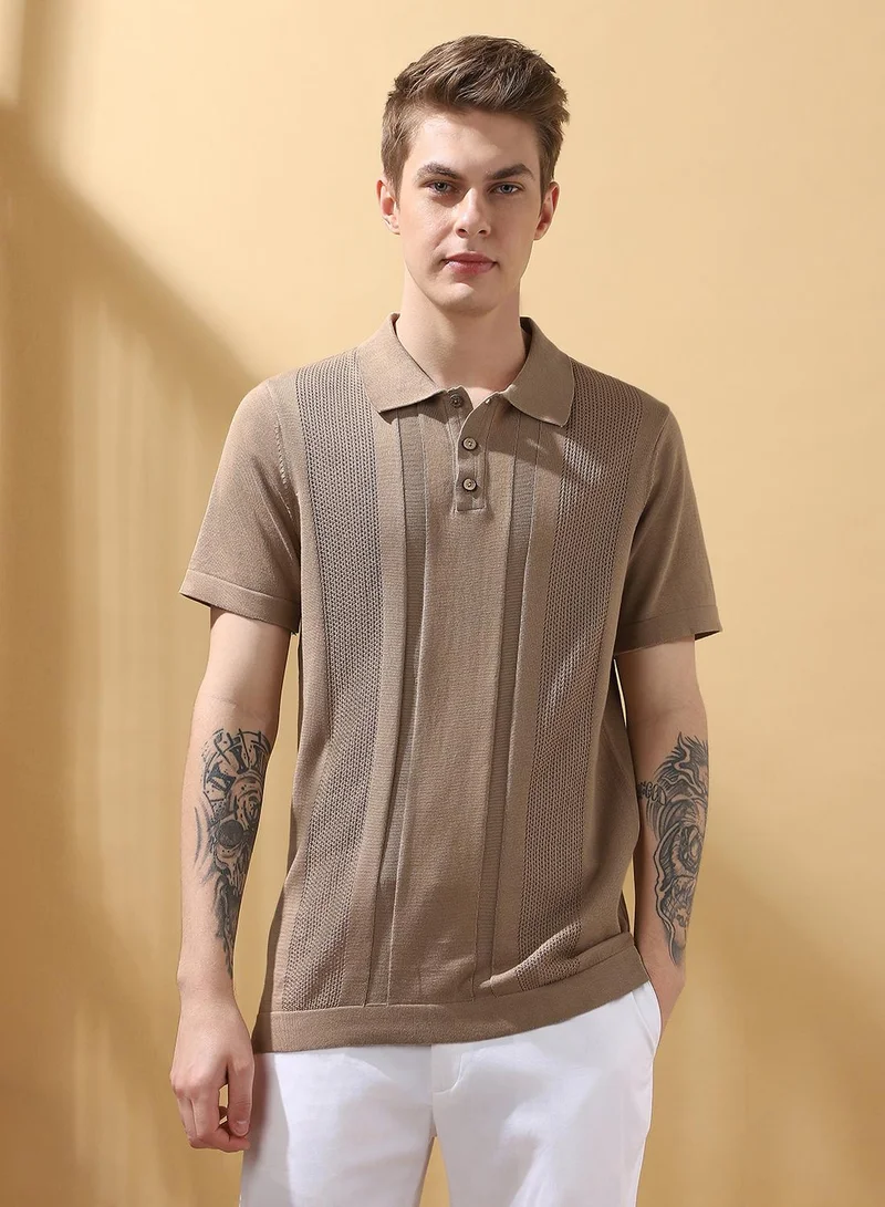Dennis Lingo Men's Beige 100% Cotton Textured Regular Fit T-Shirt