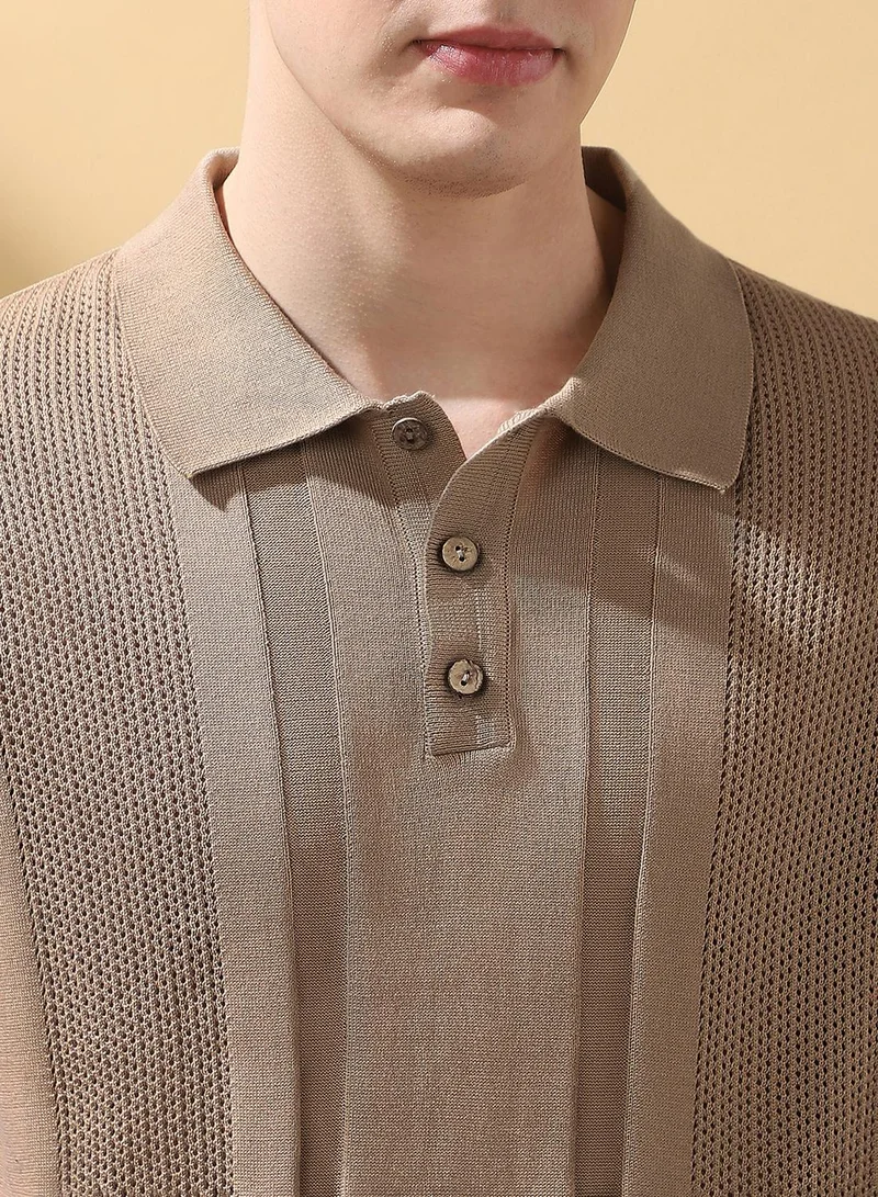 Dennis Lingo Men's Beige 100% Cotton Textured Regular Fit T-Shirt