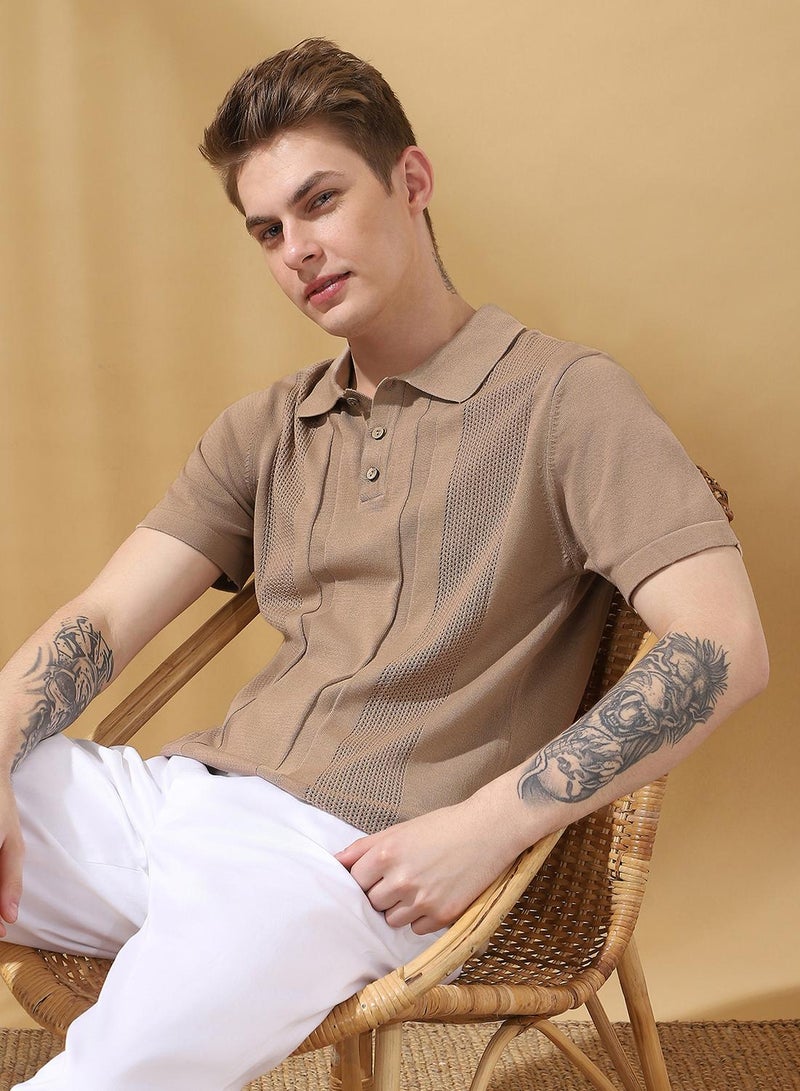 Dennis Lingo Men's Beige 100% Cotton Textured Regular Fit T-Shirt  - Image 1