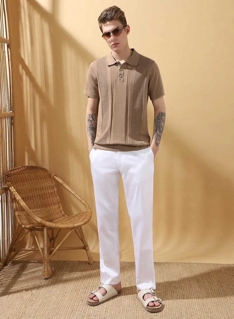 Dennis Lingo Men's Beige 100% Cotton Textured Regular Fit T-Shirt