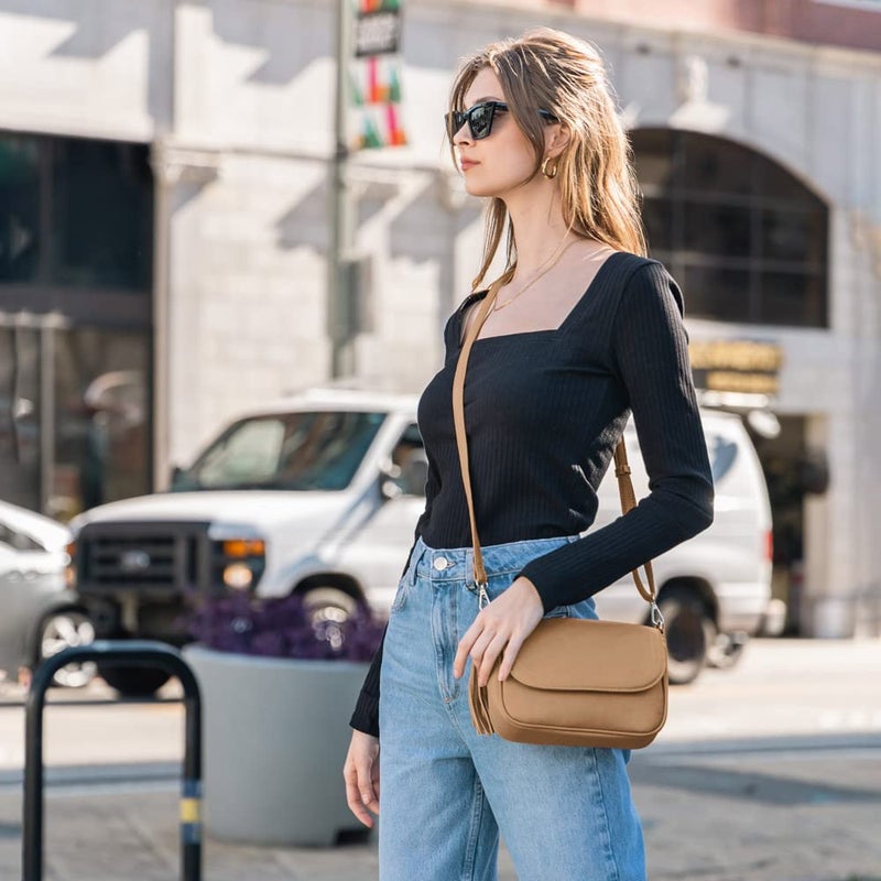 EVVE Small Crossbody Bag for Women Trendy Vegan Leather Flap Saddle Purses with Adjustable Shoulder Strap -Light Tan - Image 2