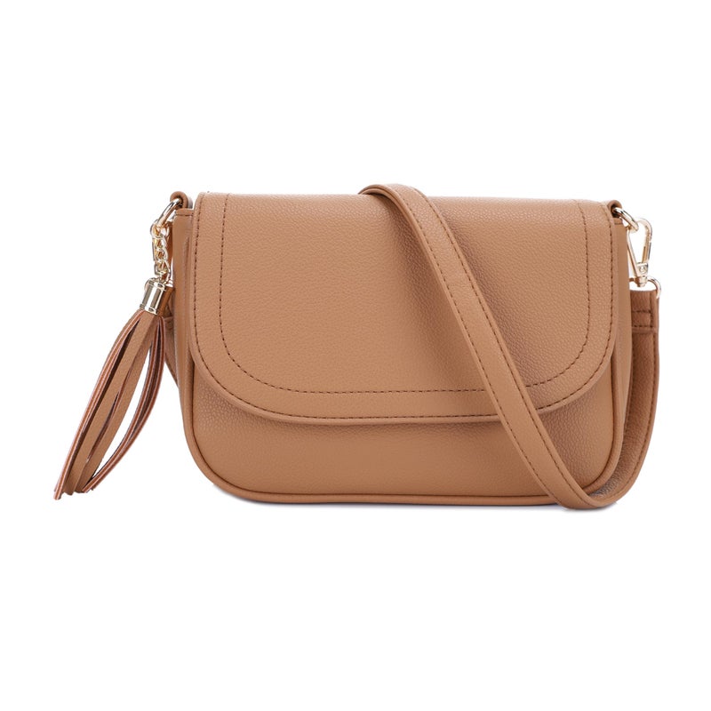 EVVE Small Crossbody Bag for Women Trendy Vegan Leather Flap Saddle Purses with Adjustable Shoulder Strap -Light Tan - Image 1