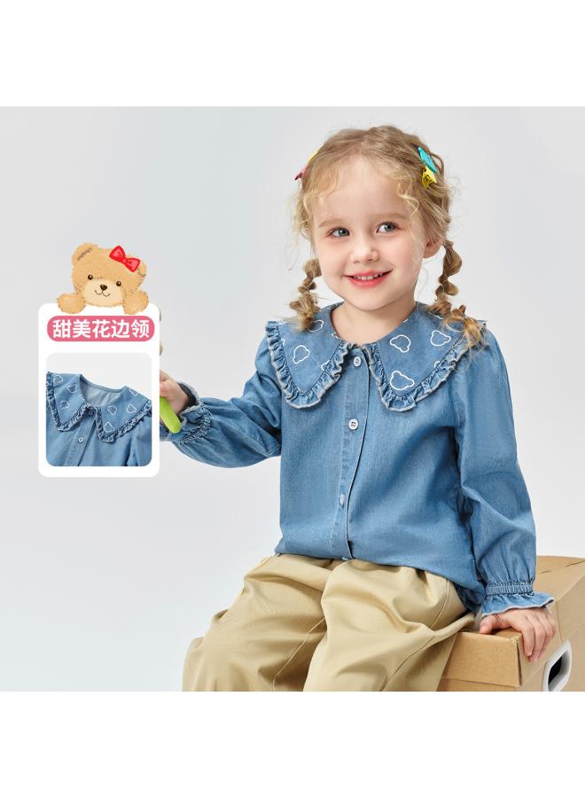 Classical Teddy New Girls' Shirt Children's Denim Top Children's Clothing Spring Long-sleeved T-shirt Spring Clothes 