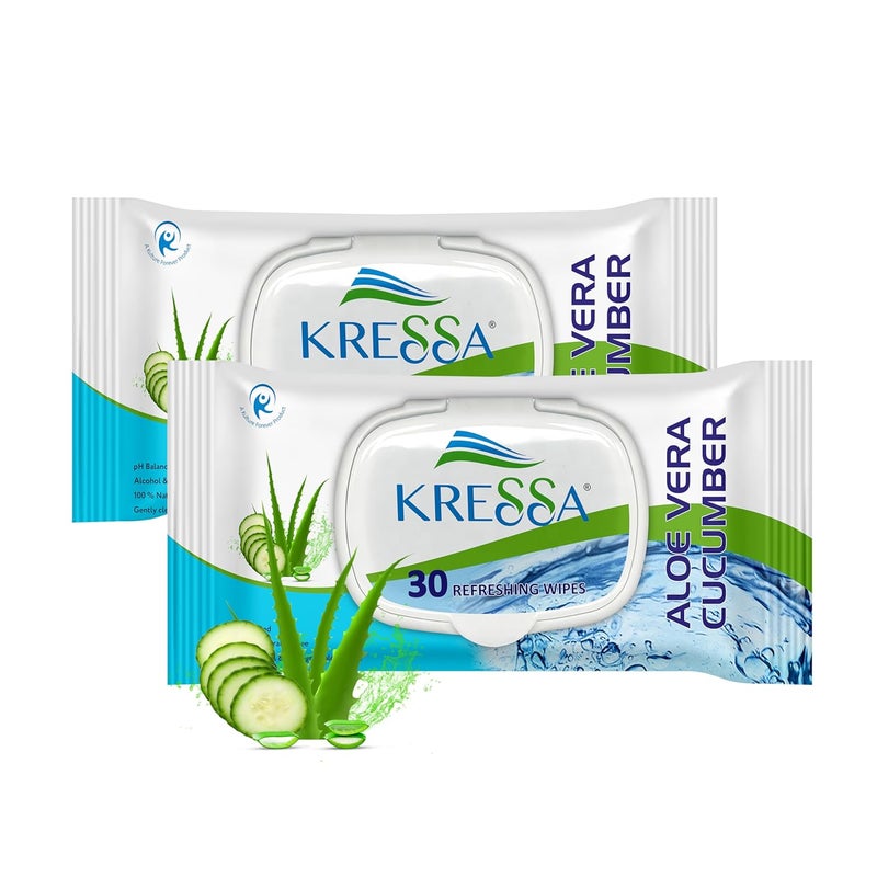 KRESSA مناديل كريسا المنعشة للوجه عبوة من 2 ألوفيرا وخيار - Image 1