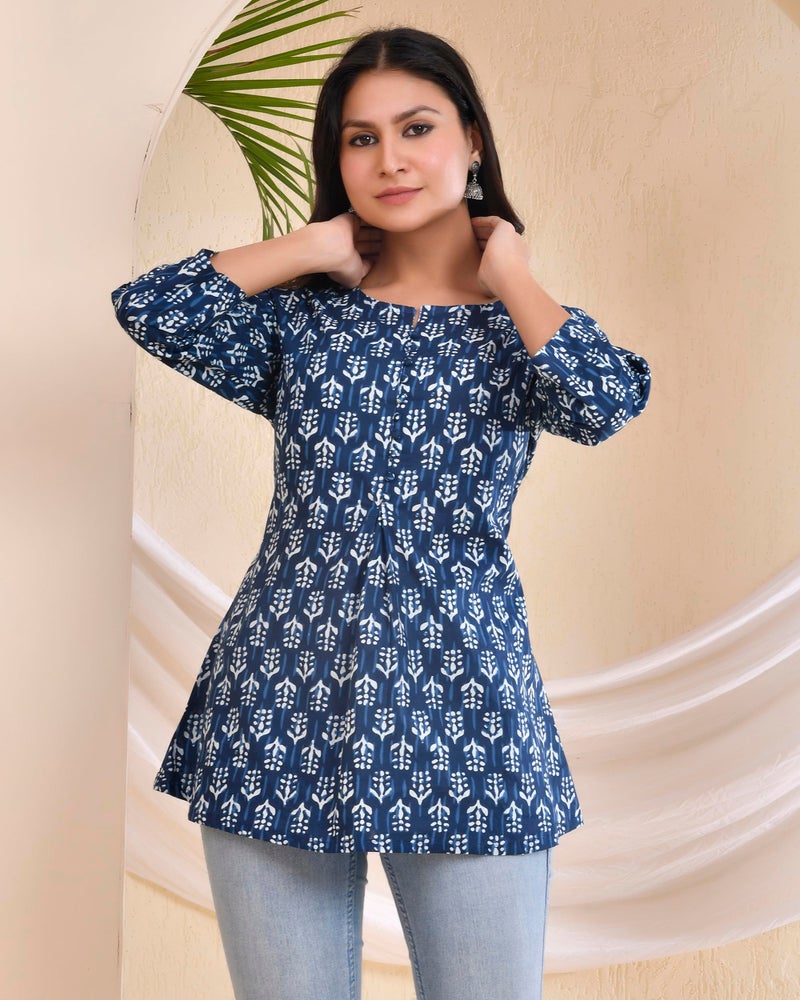 POISED Pure Cotton Handblock Printed Short Kurta for Girls, Women|Regular fit Straight Kurta| Round Neck| Casual Wears, Formal Wears| 3/4th Sleeves| (Indigo- XL) - Image 4