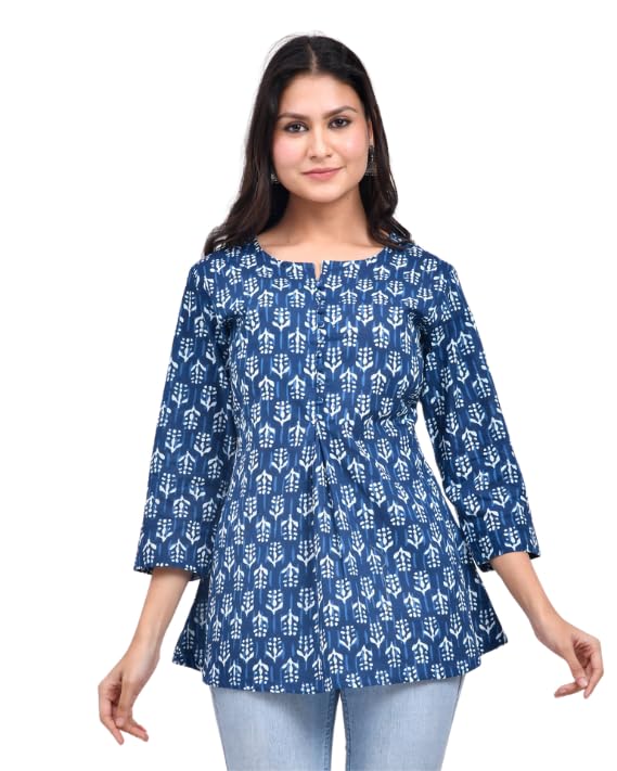 POISED Pure Cotton Handblock Printed Short Kurta for Girls, Women|Regular fit Straight Kurta| Round Neck| Casual Wears, Formal Wears| 3/4th Sleeves| (Indigo- XL) - Image 1