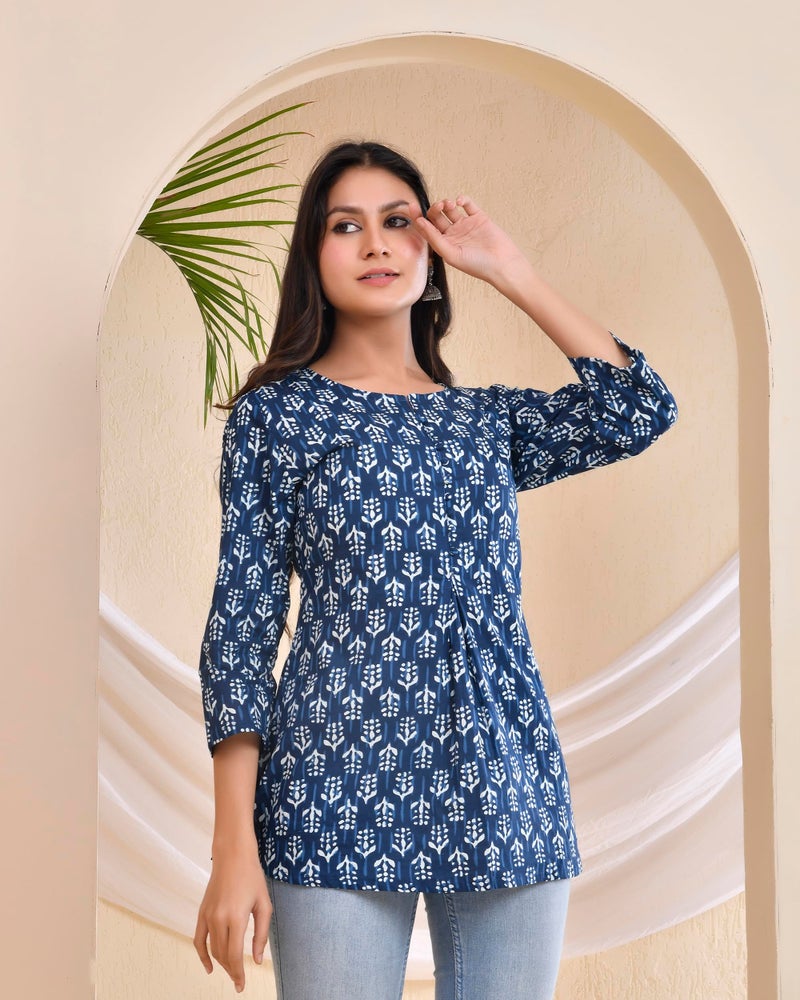 POISED Pure Cotton Handblock Printed Short Kurta for Girls, Women|Regular fit Straight Kurta| Round Neck| Casual Wears, Formal Wears| 3/4th Sleeves| (Indigo- XL) - Image 2